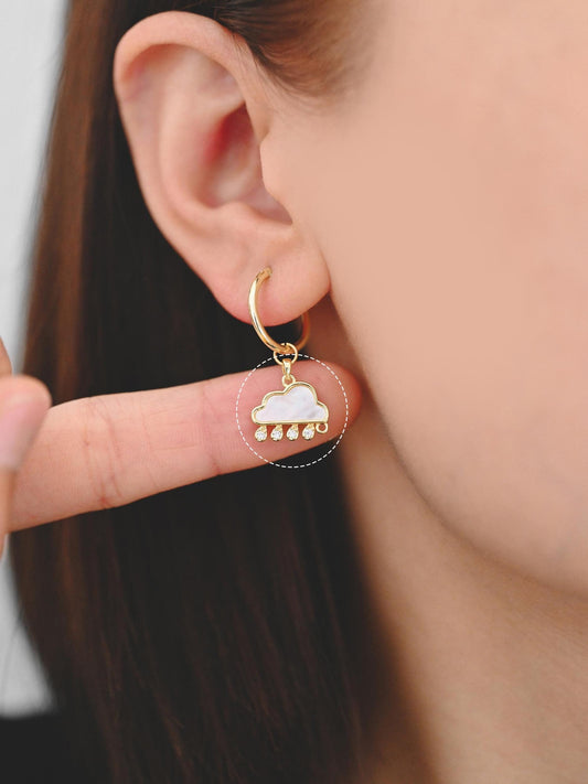 4pcs Shell Pave Rain Cloud Charm, Cloud with Rain Drops Pendant, 18K Gold plated Brass Weather Sky Charms (GB-2878)