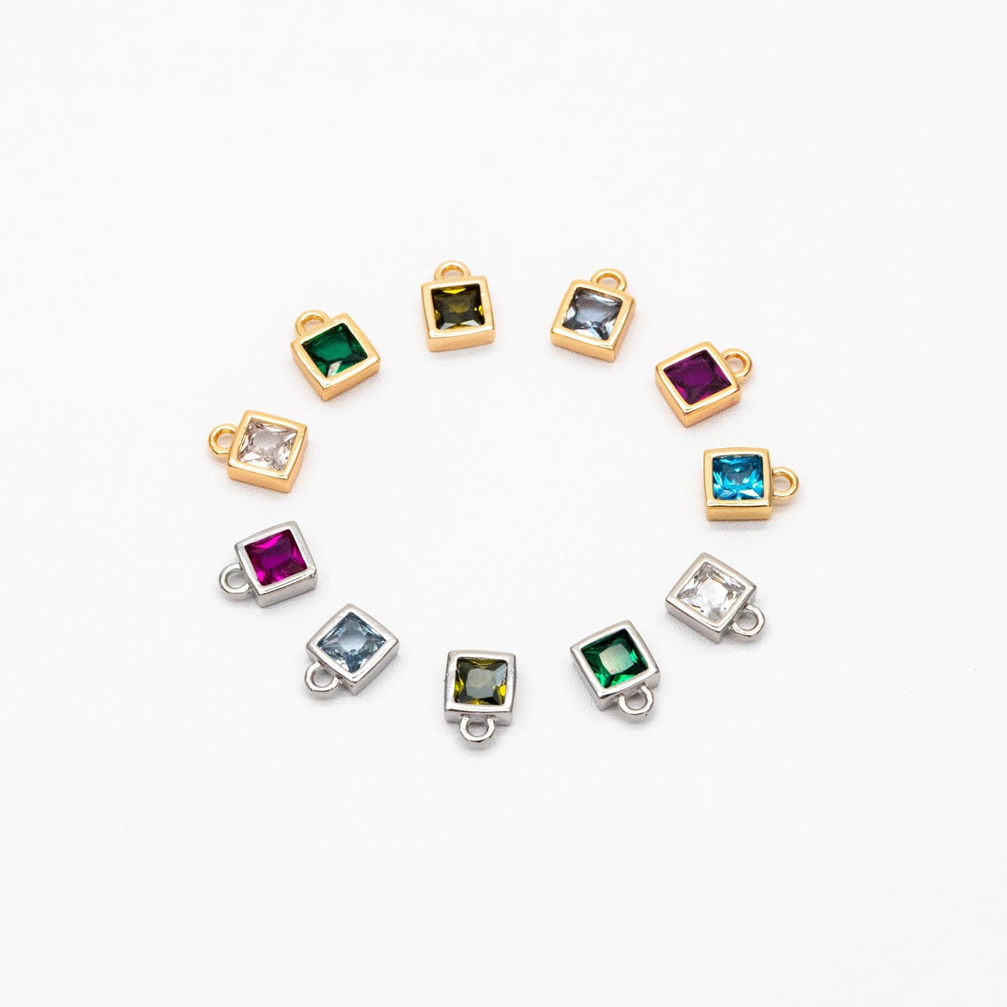 10pcs CZ Pave Gold/ Silver tone Square Charms, Mini Cube Pendants 4x6mm, Gold/ Rhodium plated Brass, Multi Colors (GB-1025)
