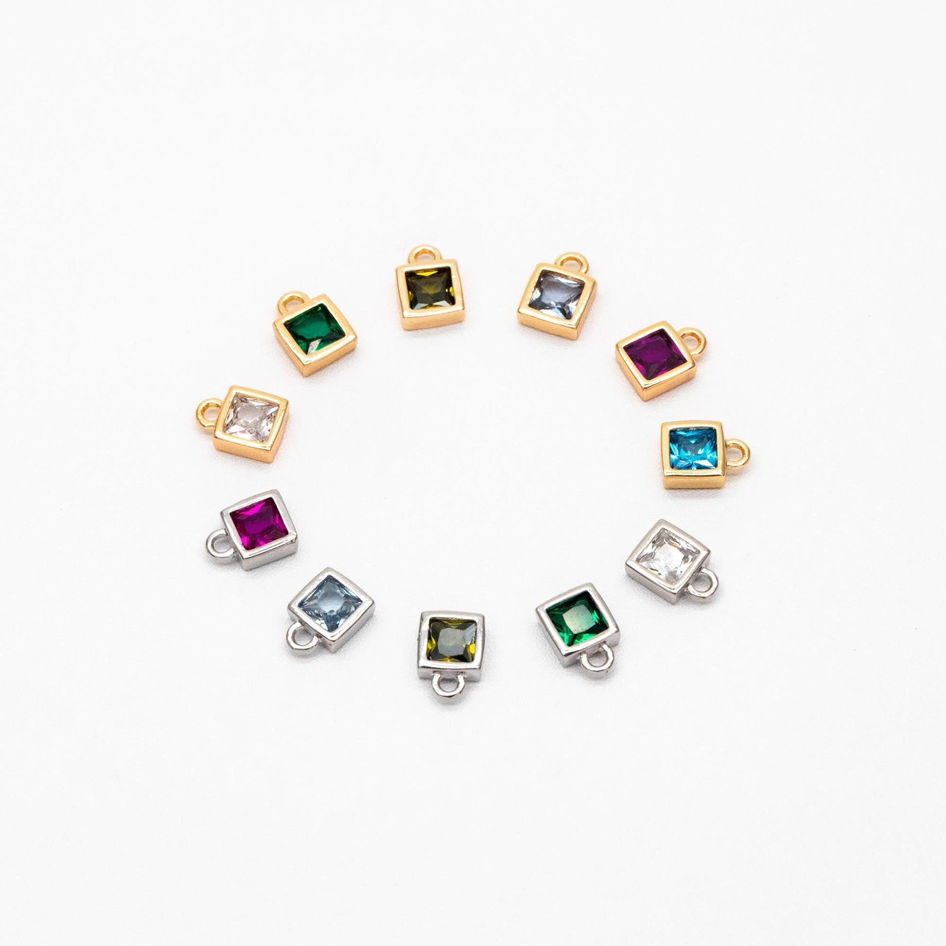 10pcs CZ Pave Gold/ Silver tone Square Charms, Mini Cube Pendants 4x6mm, Gold/ Rhodium plated Brass, Multi Colors (GB-1025)