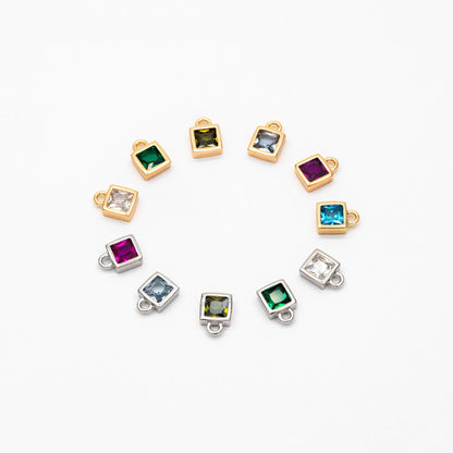 10pcs CZ Pave Gold/ Silver tone Square Charms, Mini Cube Pendants 4x6mm, Gold/ Rhodium plated Brass, Multi Colors (GB-1025)