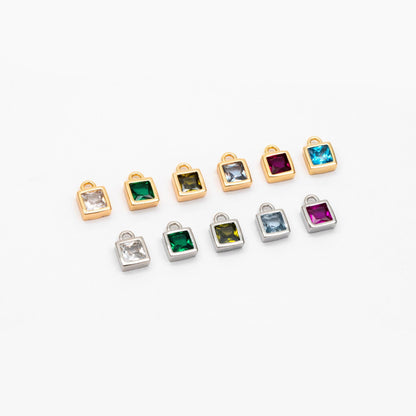 10pcs CZ Pave Gold/ Silver tone Square Charms, Mini Cube Pendants 4x6mm, Gold/ Rhodium plated Brass, Multi Colors (GB-1025)