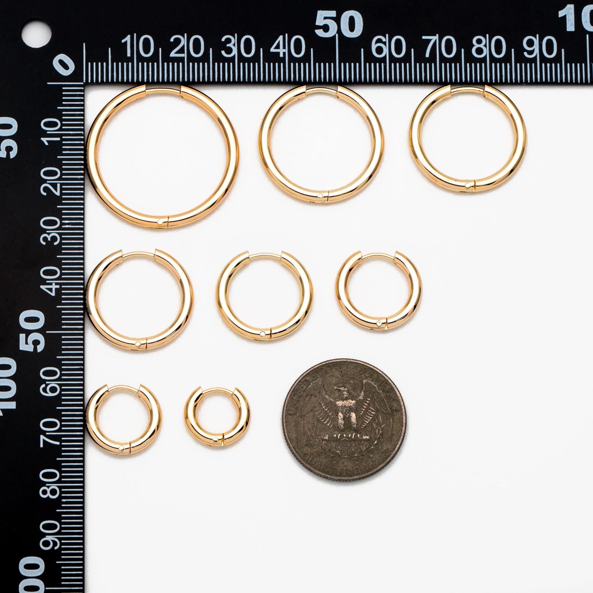 10pcs Gold/ Silver Tone Huggie Earrings, 2.5mm thick, 13/ 15/ 17/ 19/ 21 /23 /25 /30mm, Stainless Steel Hoops (GB-2191)