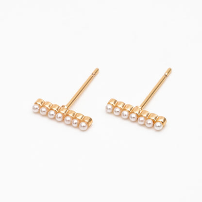 10pcs Faux Pearl Pave Gold Bar Earrings, Gold Plated Brass Tiny Pearl Stud Earring (#GB-4594)