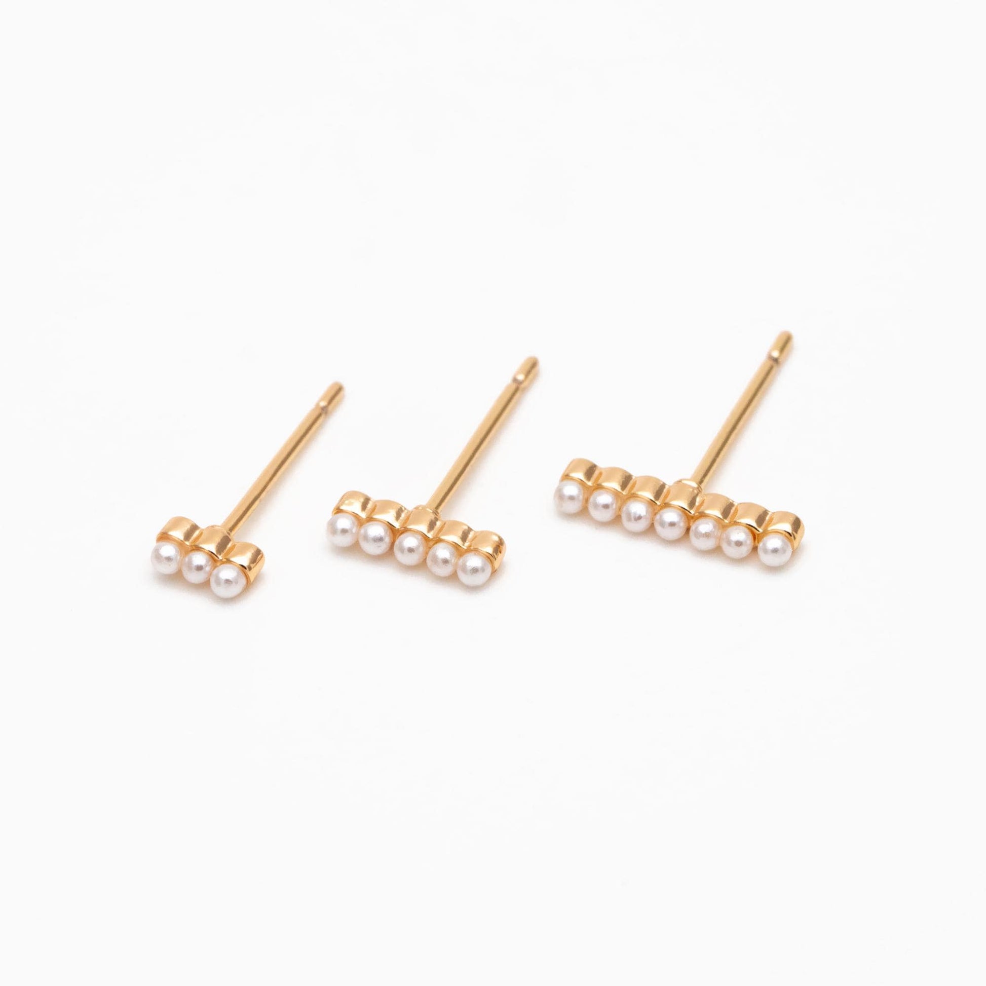 10pcs Faux Pearl Pave Gold Bar Earrings, Gold Plated Brass Tiny Pearl Stud Earring (#GB-4594)