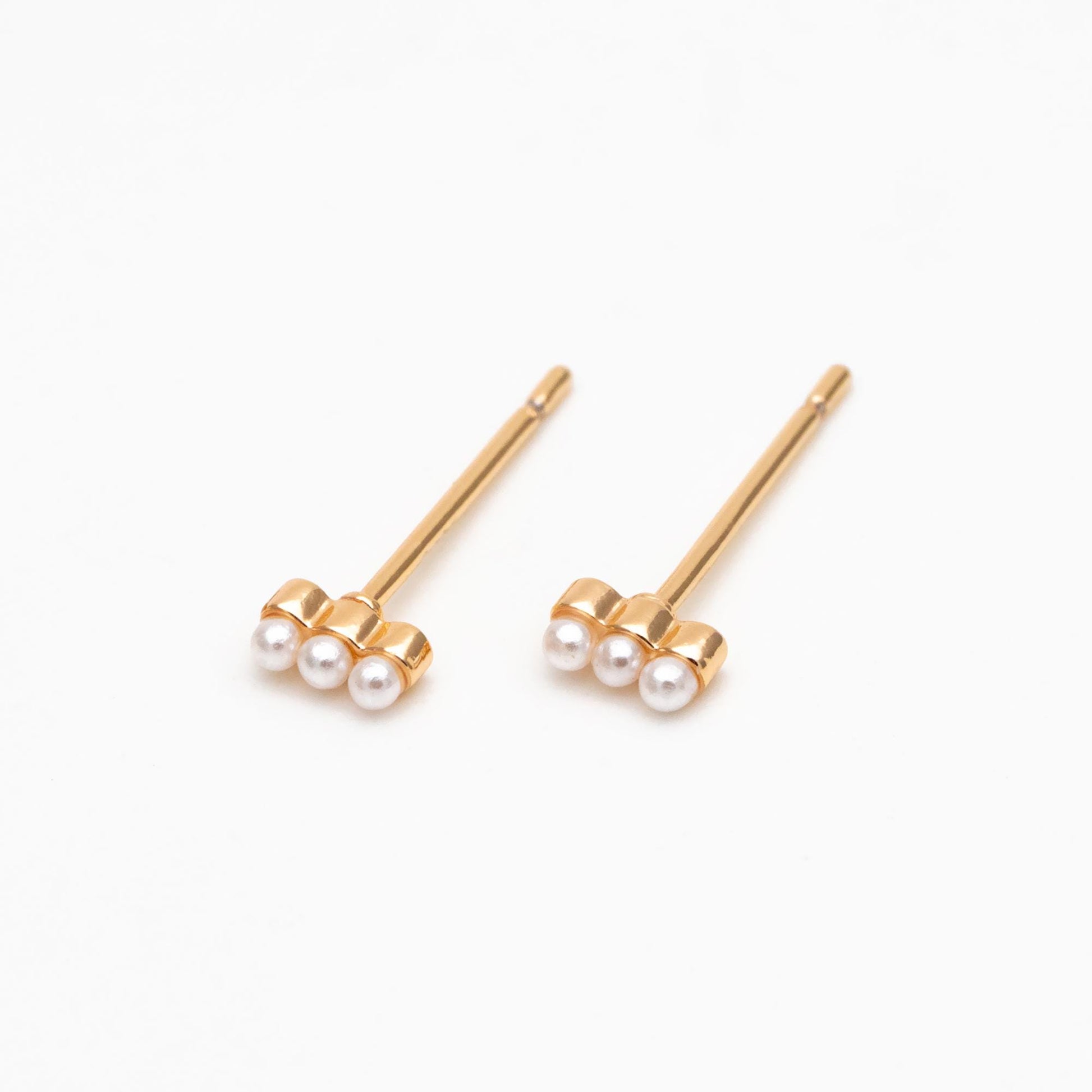 10pcs Faux Pearl Pave Gold Bar Earrings, Gold Plated Brass Tiny Pearl Stud Earring (#GB-4594)
