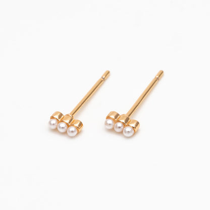 10pcs Faux Pearl Pave Gold Bar Earrings, Gold Plated Brass Tiny Pearl Stud Earring (#GB-4594)