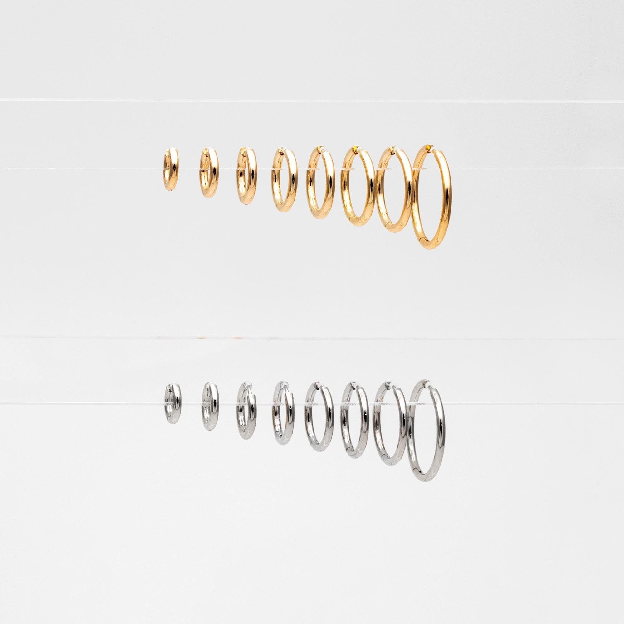 10pcs Gold/ Silver Tone Huggie Earrings, 2.5mm thick, 13/ 15/ 17/ 19/ 21 /23 /25 /30mm, Stainless Steel Hoops (GB-2191)