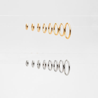 10pcs Gold/ Silver Tone Huggie Earrings, 2.5mm thick, 13/ 15/ 17/ 19/ 21 /23 /25 /30mm, Stainless Steel Hoops (GB-2191)