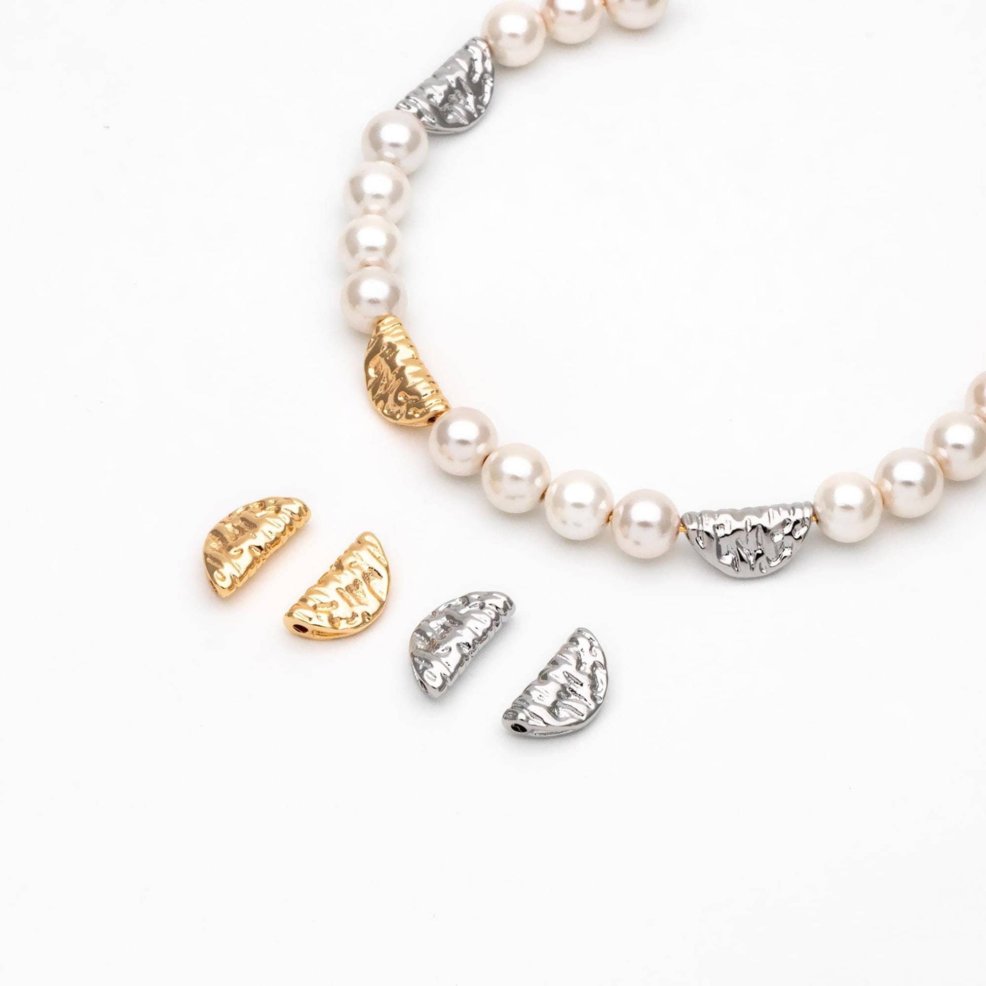 10pcs Gold/ Silver Tone Textured Semi-Circle Spacer Beads, Half Moon Beads, Jewelry Making Supplies Wholesale (GB-4586)