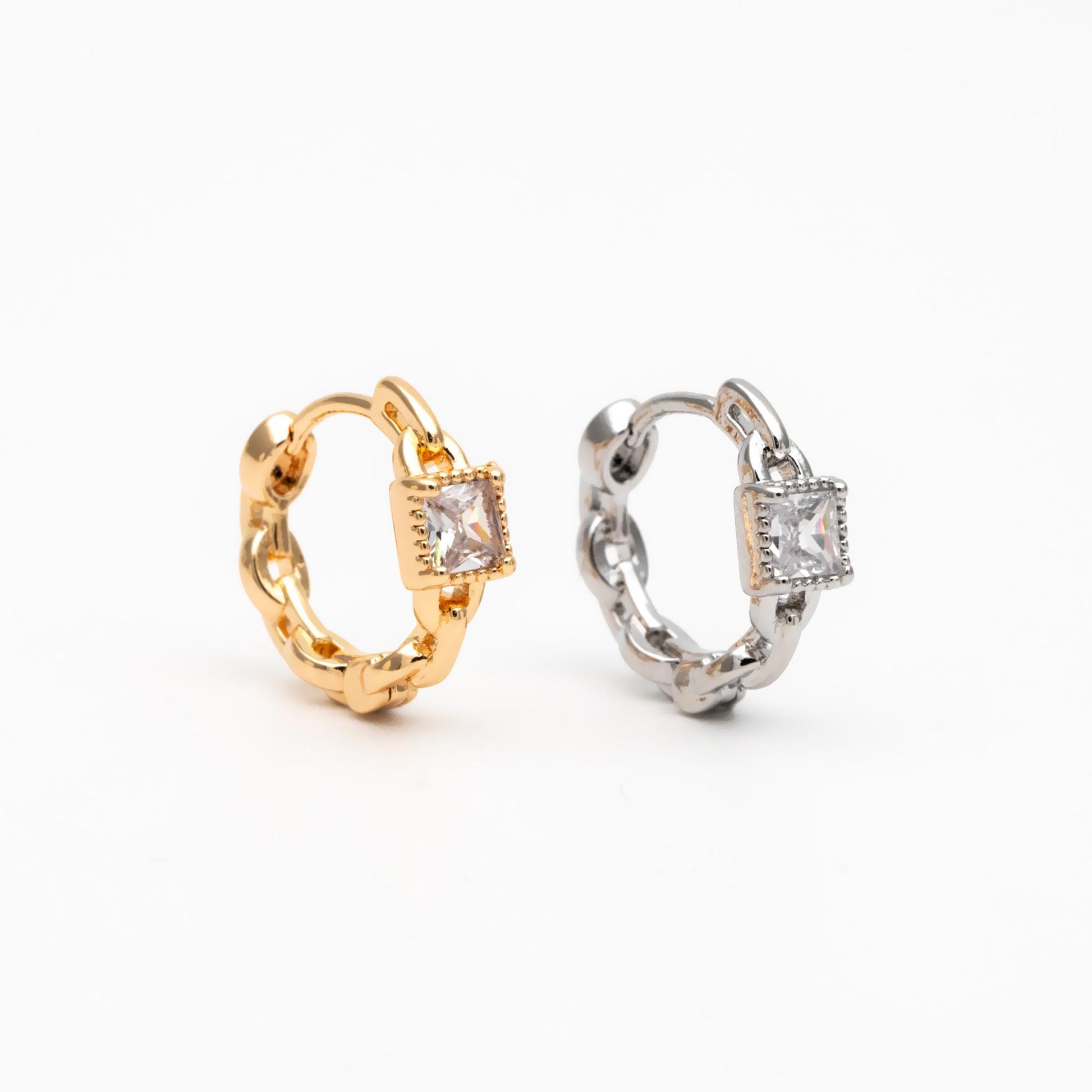 4pcs CZ Pave Gold/ Silver Tone Chain Hoop Earrings, 18K Real Gold/ Rhodium plated Brass, Huggie Earrings, Chain Earrings (GB-3020-B)