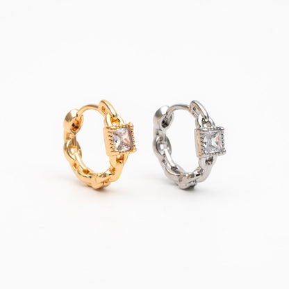 4pcs CZ Pave Gold/ Silver Tone Chain Hoop Earrings, 18K Real Gold/ Rhodium plated Brass, Huggie Earrings, Chain Earrings (GB-3020-B)