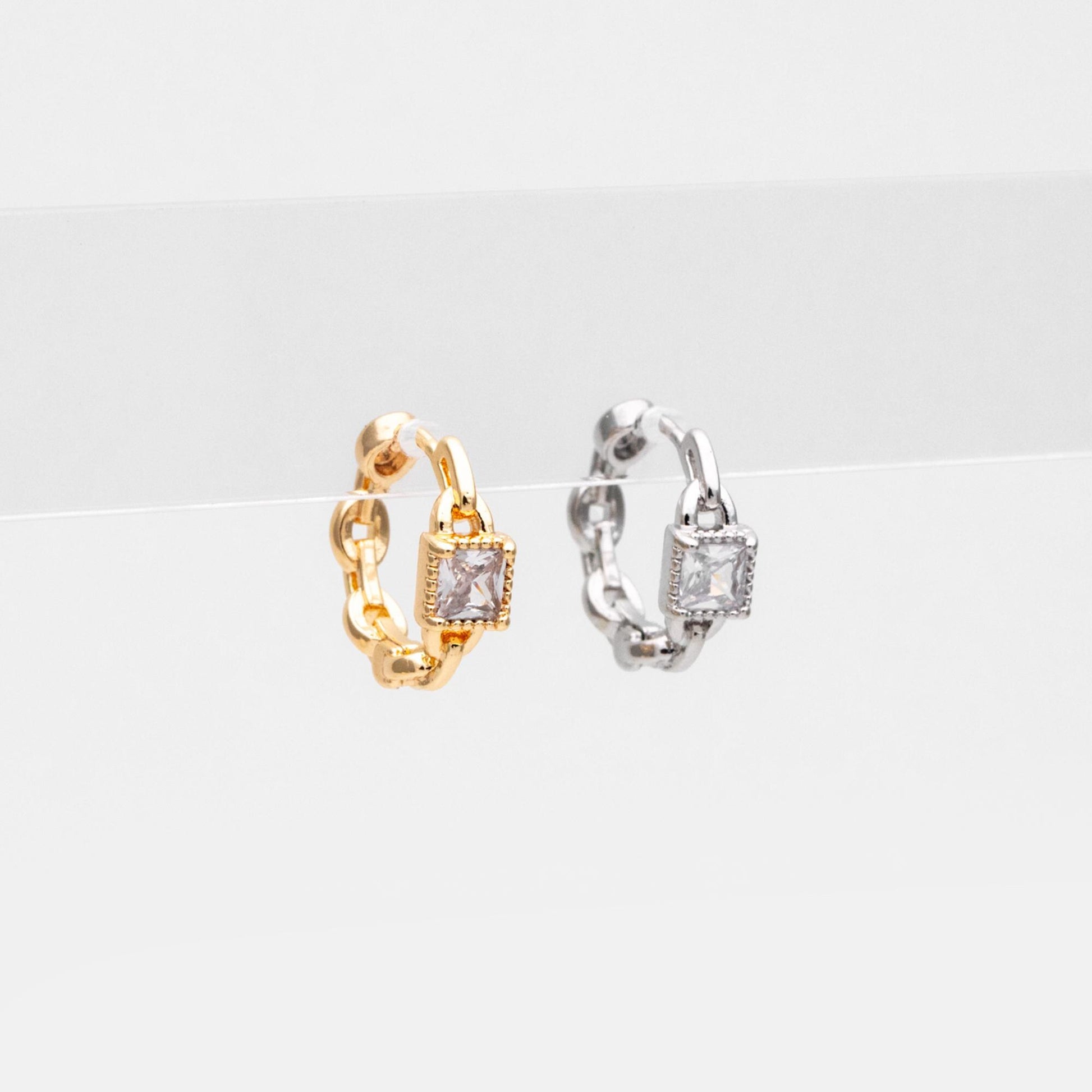 4pcs CZ Pave Gold/ Silver Tone Chain Hoop Earrings, 18K Real Gold/ Rhodium plated Brass, Huggie Earrings, Chain Earrings (GB-3020-B)