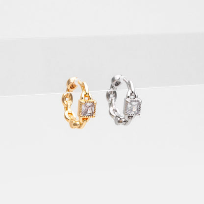 4pcs CZ Pave Gold/ Silver Tone Chain Hoop Earrings, 18K Real Gold/ Rhodium plated Brass, Huggie Earrings, Chain Earrings (GB-3020-B)