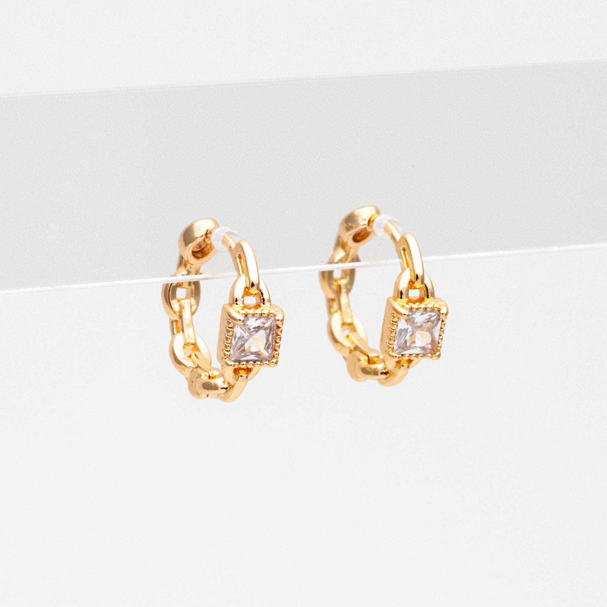 4pcs CZ Pave Gold/ Silver Tone Chain Hoop Earrings, 18K Real Gold/ Rhodium plated Brass, Huggie Earrings, Chain Earrings (GB-3020-B)