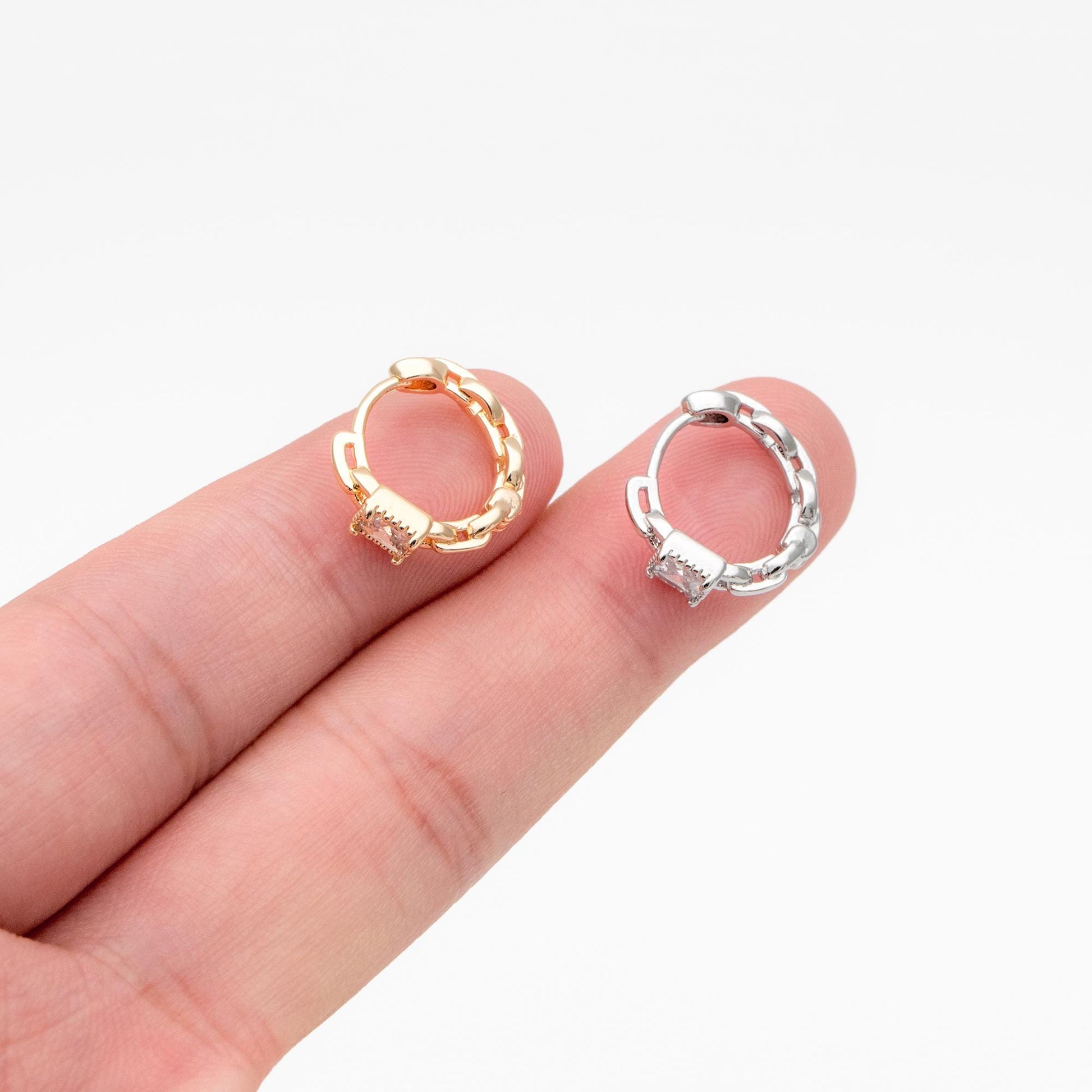 4pcs CZ Pave Gold/ Silver Tone Chain Hoop Earrings, 18K Real Gold/ Rhodium plated Brass, Huggie Earrings, Chain Earrings (GB-3020-B)