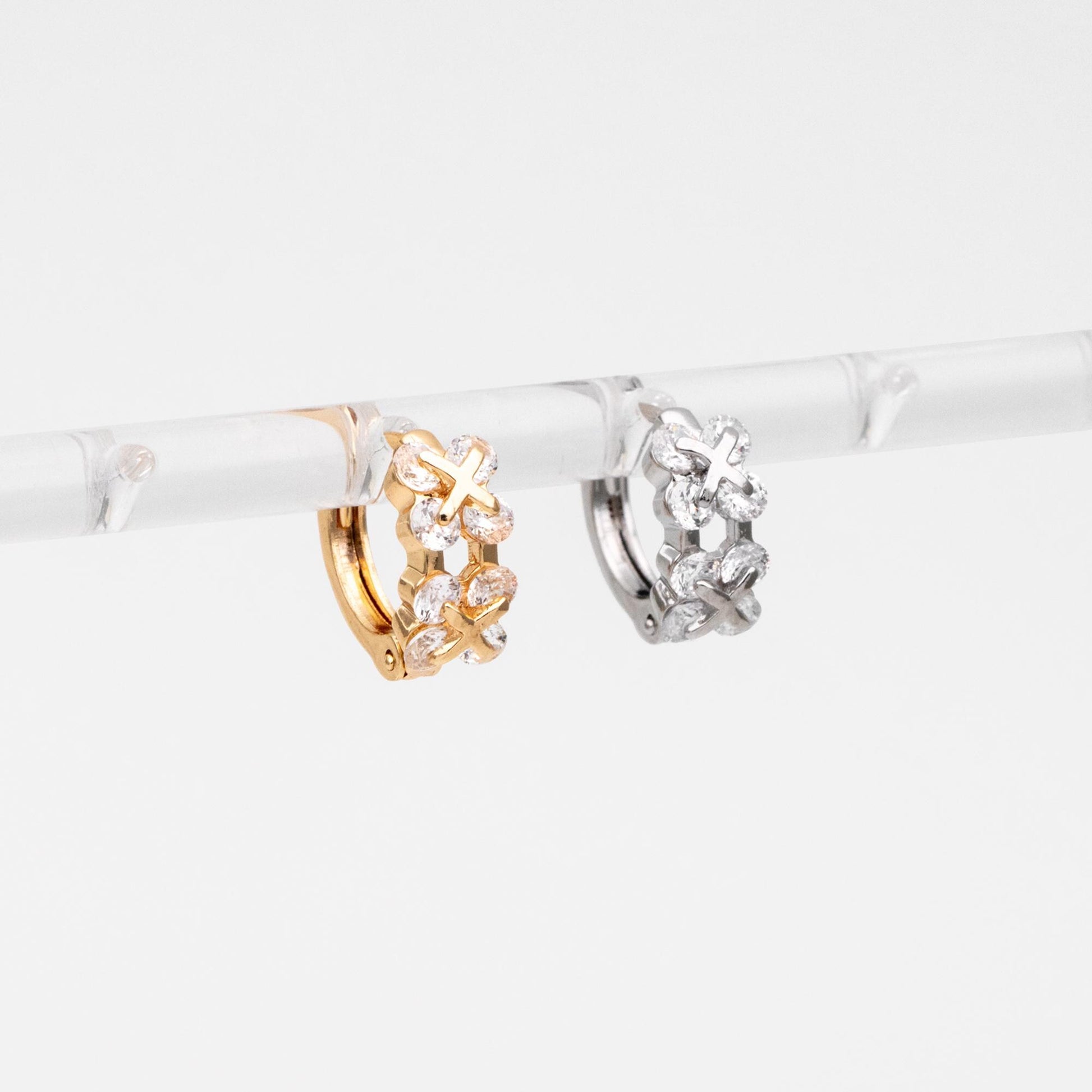 4pcs CZ Pave Gold/ Silver Tone Flower Earrings, 18K Real Gold/ Rhodium plated Brass, Dainty Hoop Earrings (GB-4578)