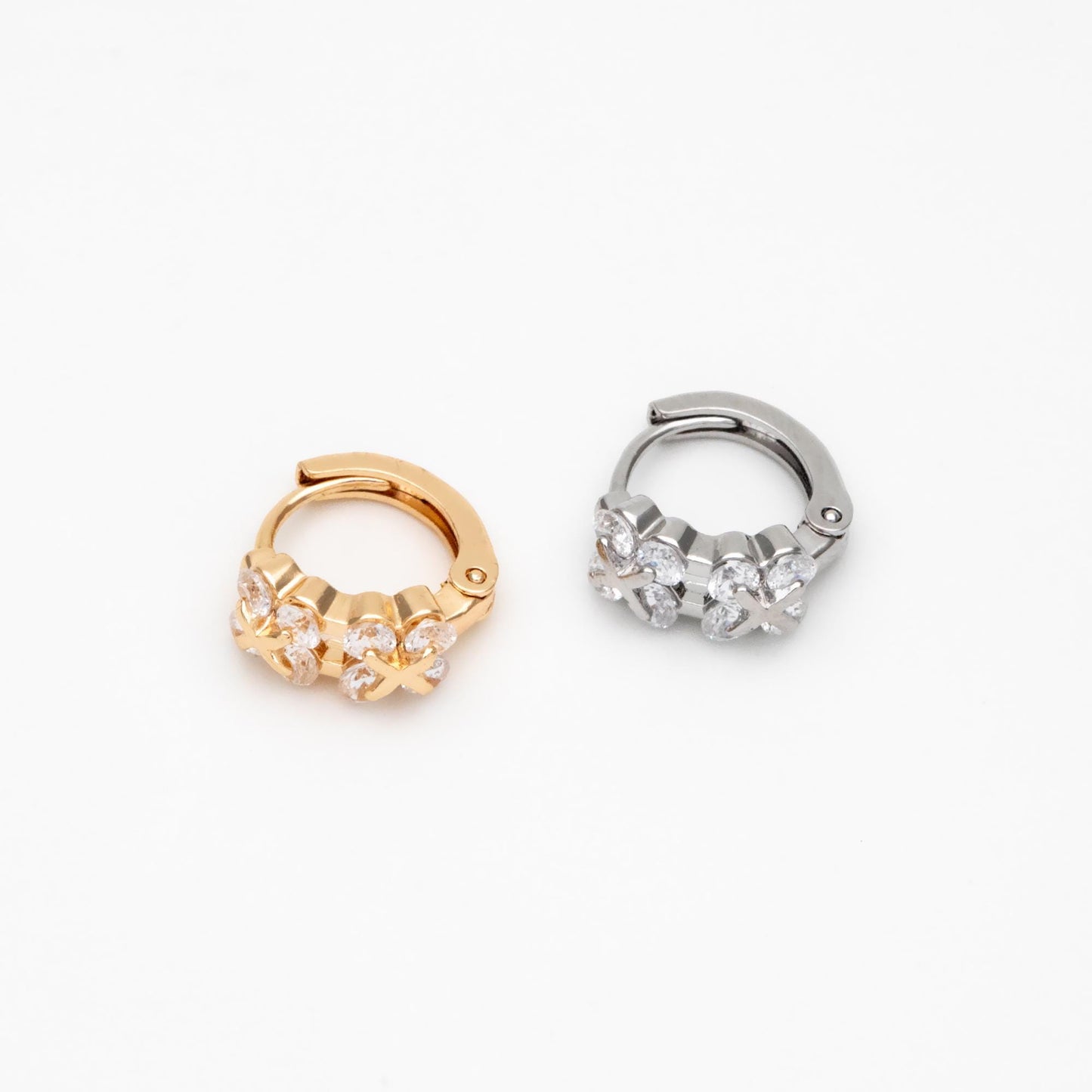 4pcs CZ Pave Gold/ Silver Tone Flower Earrings, 18K Real Gold/ Rhodium plated Brass, Dainty Hoop Earrings (GB-4578)