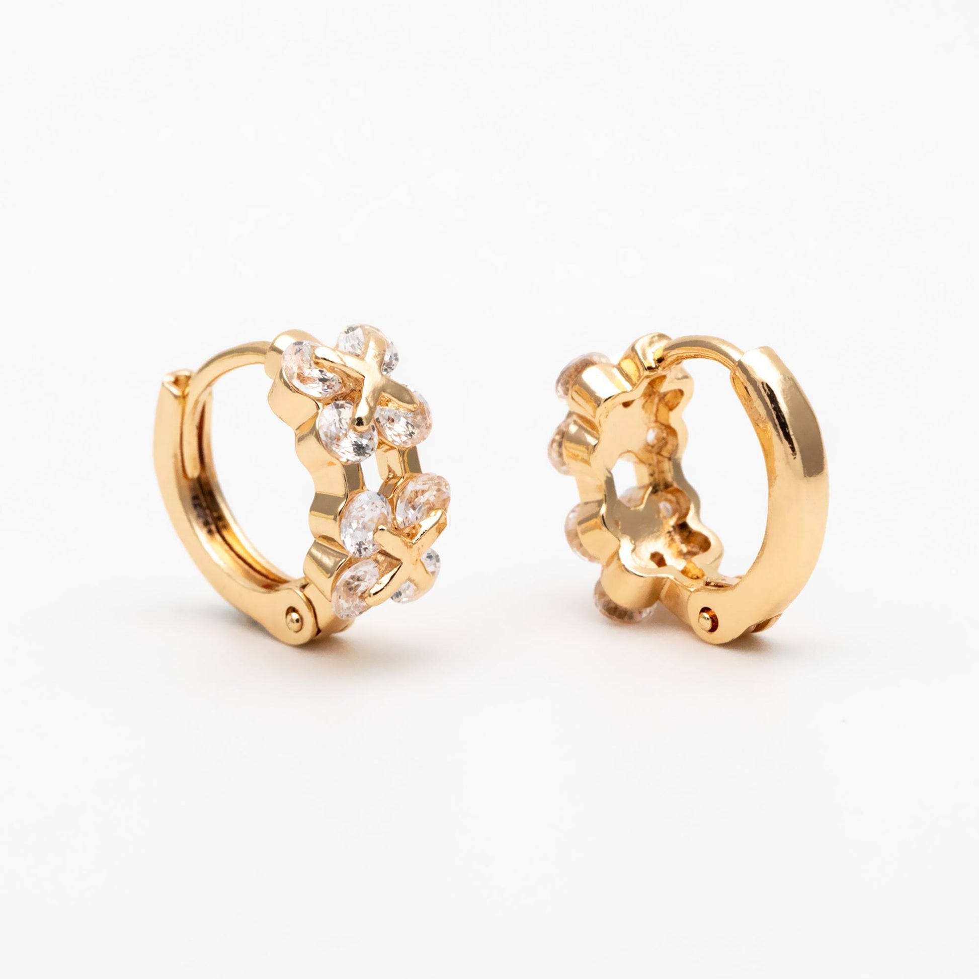 4pcs CZ Pave Gold/ Silver Tone Flower Earrings, 18K Real Gold/ Rhodium plated Brass, Dainty Hoop Earrings (GB-4578)