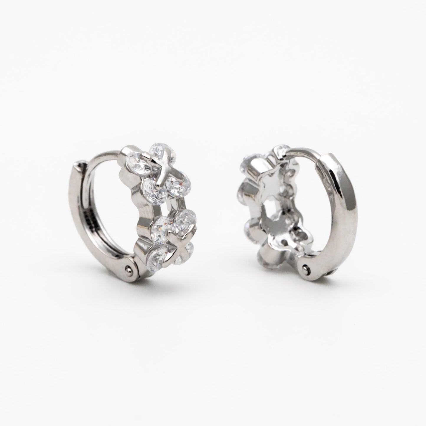 4pcs CZ Pave Gold/ Silver Tone Flower Earrings, 18K Real Gold/ Rhodium plated Brass, Dainty Hoop Earrings (GB-4578)