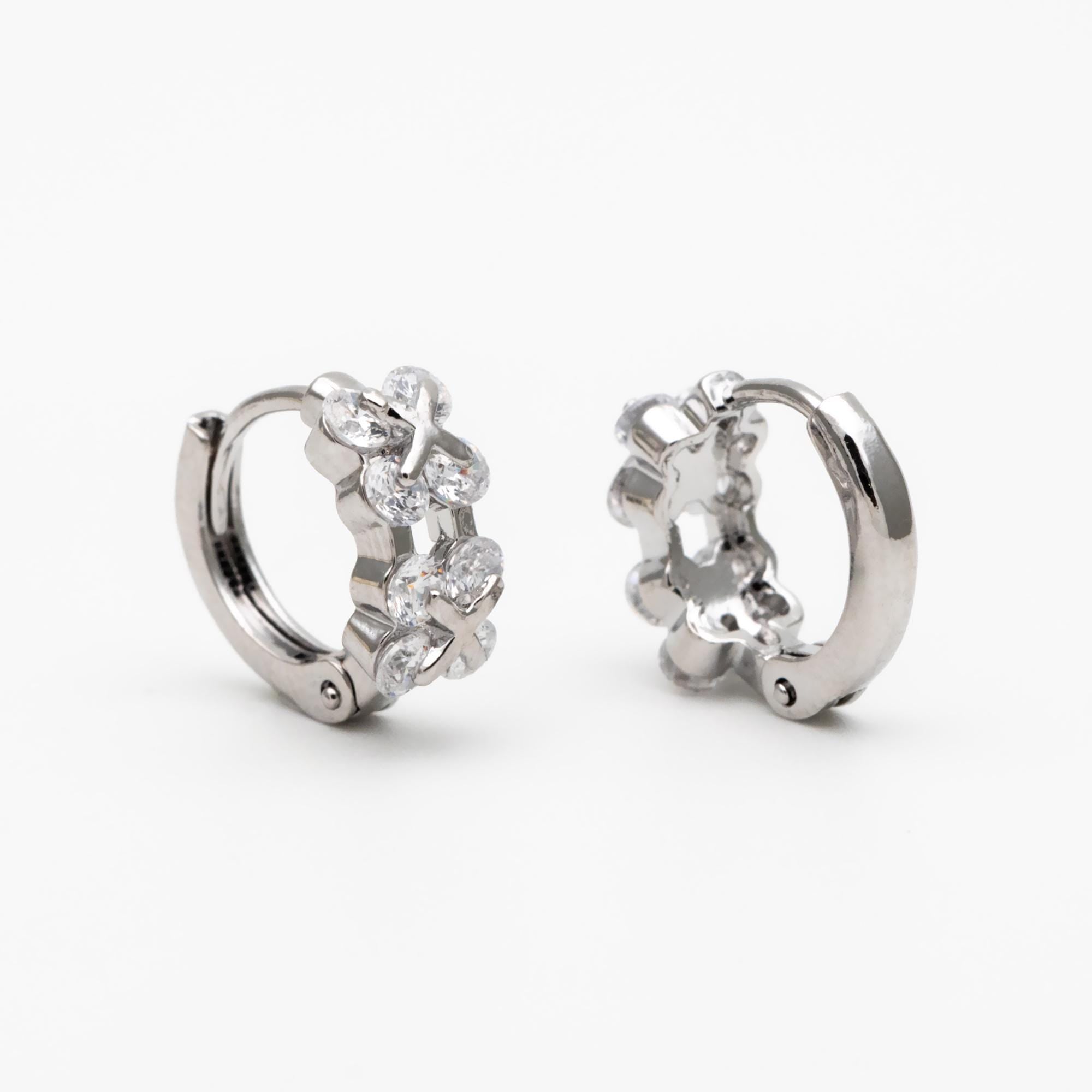 4pcs CZ Pave Gold/ Silver Tone Flower Earrings, 18K Real Gold/ Rhodium plated Brass, Dainty Hoop Earrings (GB-4578)