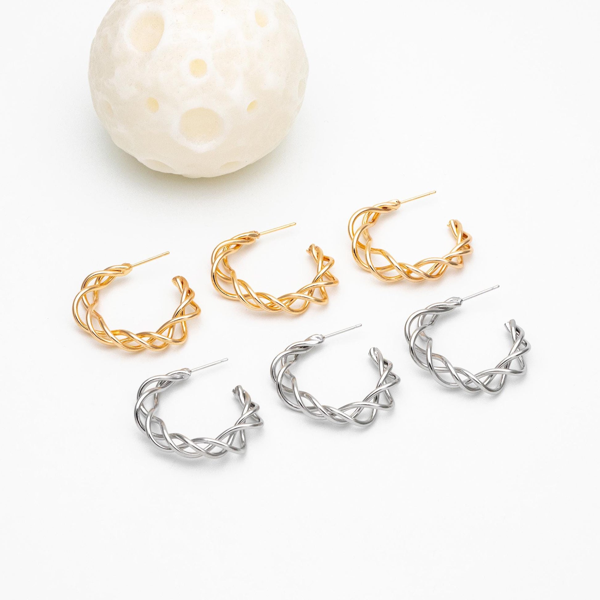 4pcs Gold/ Silver Tone Twisted Circle Earrings 32mm, Twisted Wire Stud Earrings, Geometric Hoop Earrings (GB-4580)