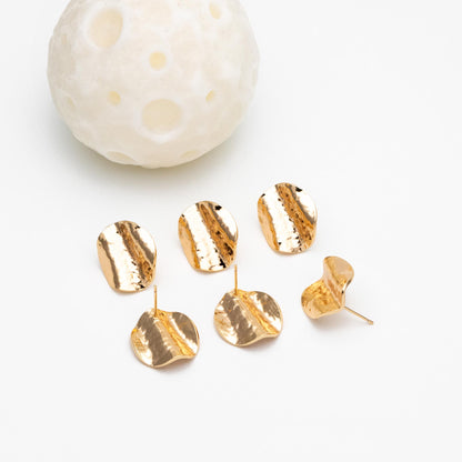 10pcs Gold Tone Waved Round Earrings, Real Gold plated Brass, Geometric Earring Studs (GB-4581)