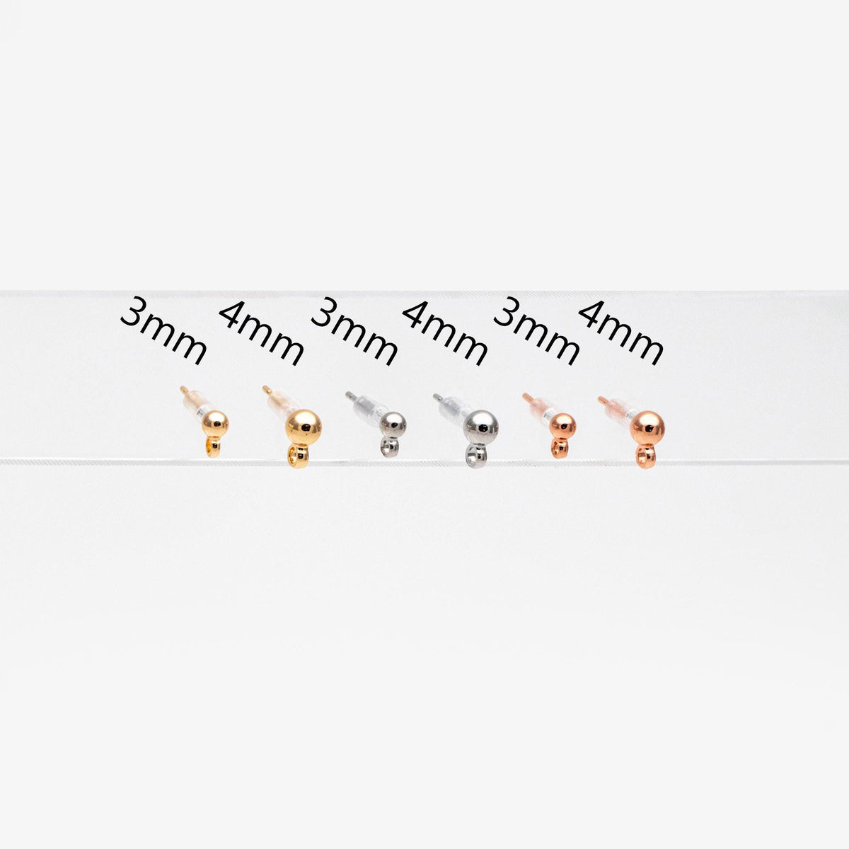 20pcs Gold/ Silver/ Rose Gold Earring Posts, Stud Earring with Loop, 3mm/ 4mm Ball Size (GB-443)