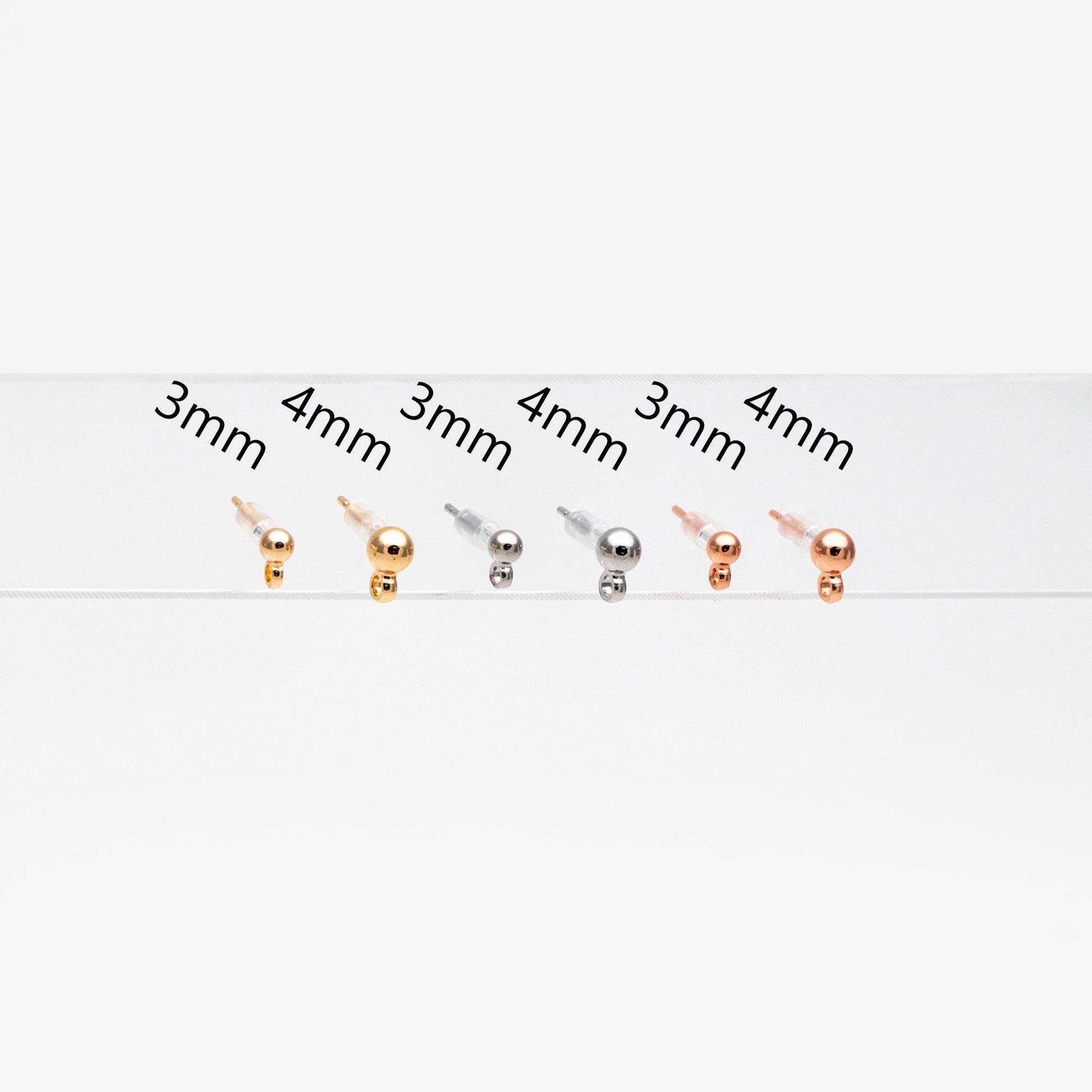 20pcs Gold/ Silver/ Rose Gold Earring Posts, Stud Earring with Loop, 3mm/ 4mm Ball Size (GB-443)