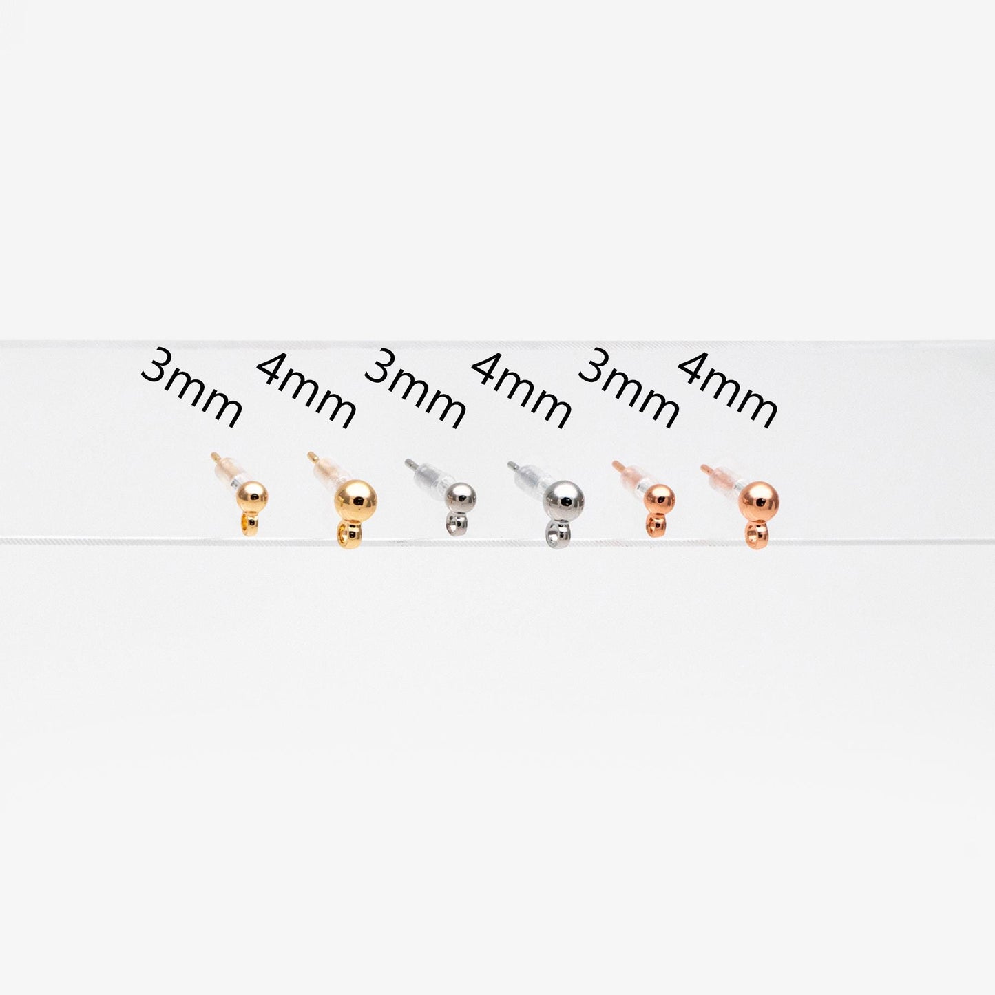 20pcs Gold/ Silver/ Rose Gold Earring Posts, Stud Earring with Loop, 3mm/ 4mm Ball Size (GB-443)