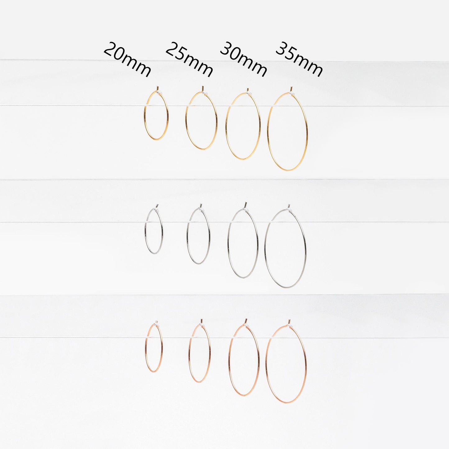 20pcs Gold/ Silver/ Rose Gold Hoop Ear Wire, Gold/ Rhodium/ Rose Gold plated Brass Hoop Earrings, 20/25/ 30/ 35mm by 0.7mm (GB-532)