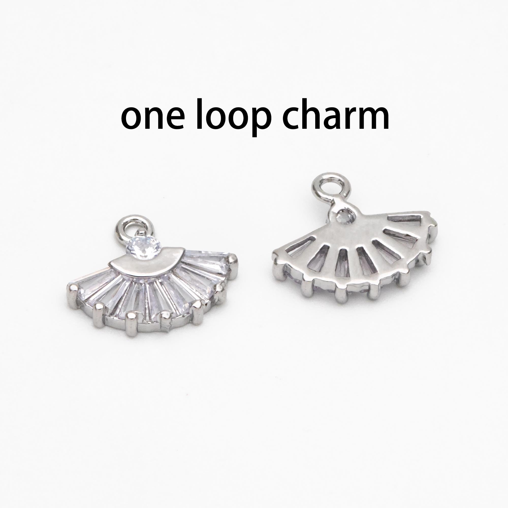 10pcs CZ Pave Gold/ Silver Fan Shaped Charm Connectors 14mm, 18K Gold plated on Brass (GB-539)