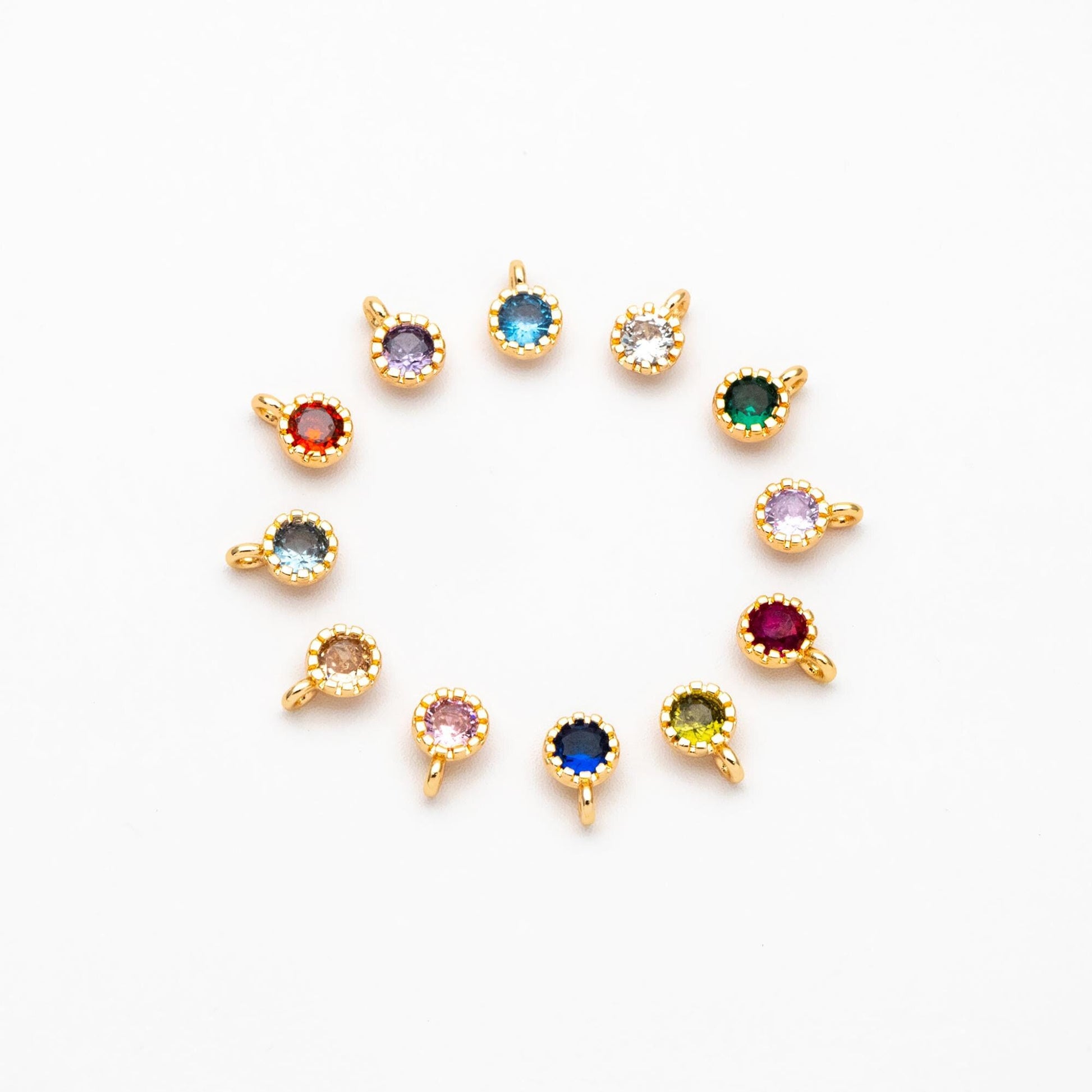 10pcs Gold Plated Round CZ Charms: Mini Cubic Zirconia Coin Pendant 4x6mm (GB-565)