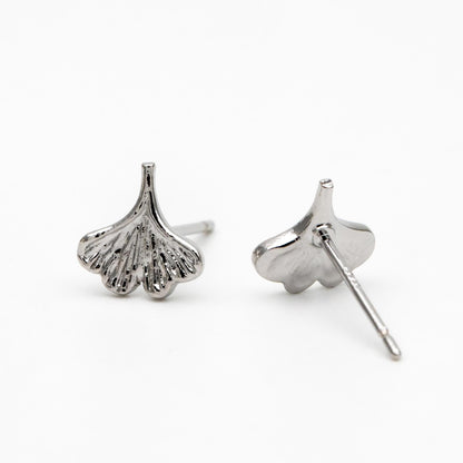 10pcs Gold/ Silver Ginkgo Leaf Ear Posts 9x8mm, Gold/ Rhodium Plated Brass Minimalist Stud Earrings (GB-3290)