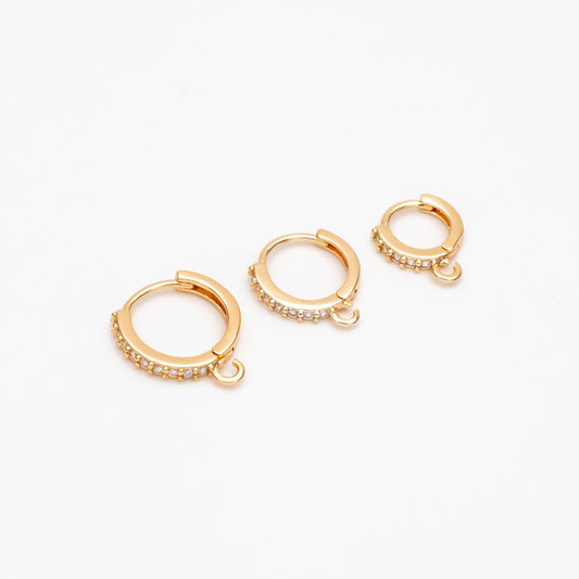 4pcs CZ Pave Hoop Earrings, 10/12/14mm, Gold plated Brass, Dainty Huggie Earrings with Loop (GB-3515)
