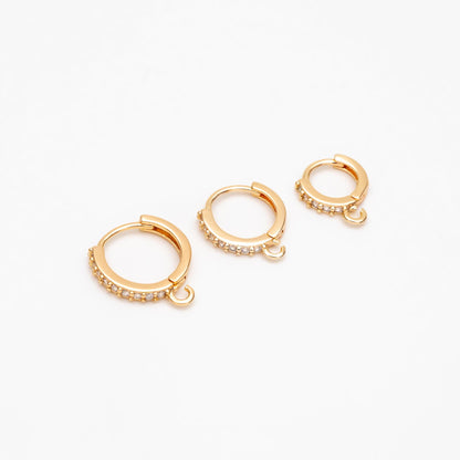 4pcs CZ Pave Hoop Earrings, 10/12/14mm, Gold plated Brass, Dainty Huggie Earrings with Loop (GB-3515)