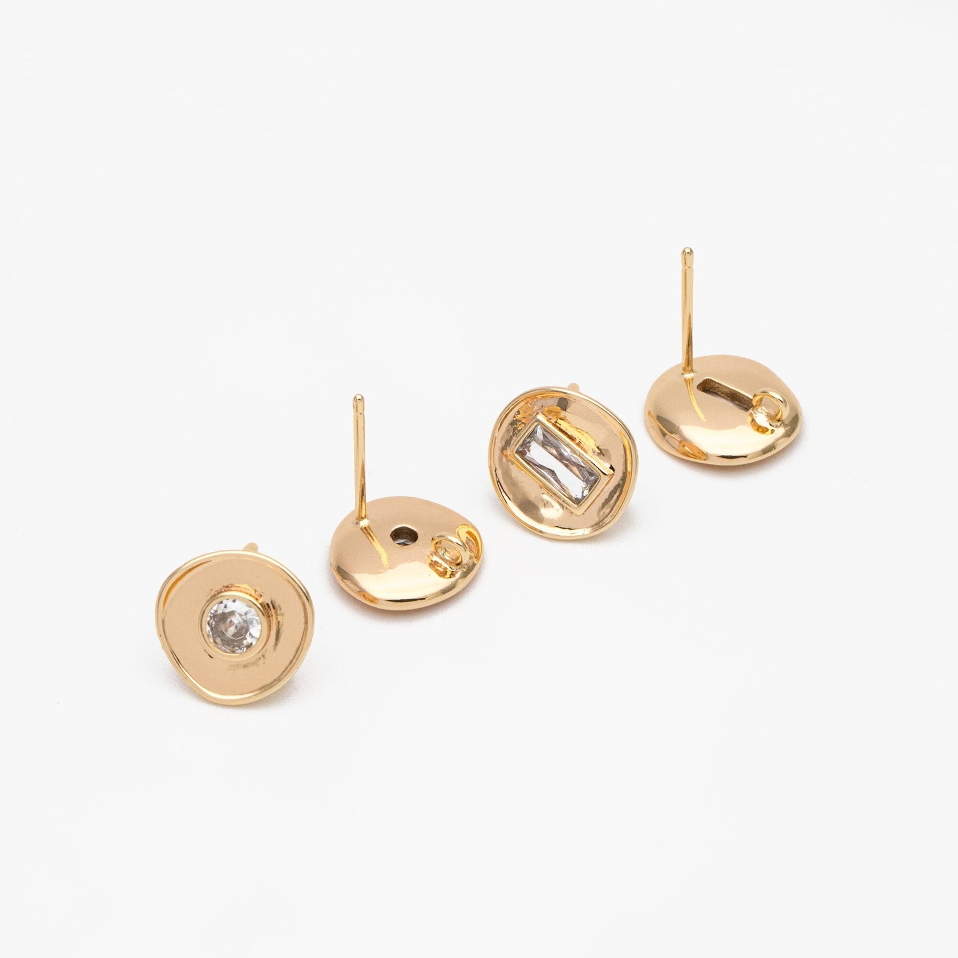 4pcs CZ Pave Gold Round Ear Posts 11mm, 18K Gold plated Brass, Stud Earring Components (GB-3603)