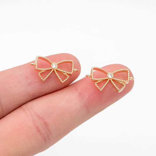 10pcs CZ Pave Gold Bow Knot Charm Connectors 10x19mm, Gold plated Brass, Hollow Bowknot Charms (#GB-2745-C)