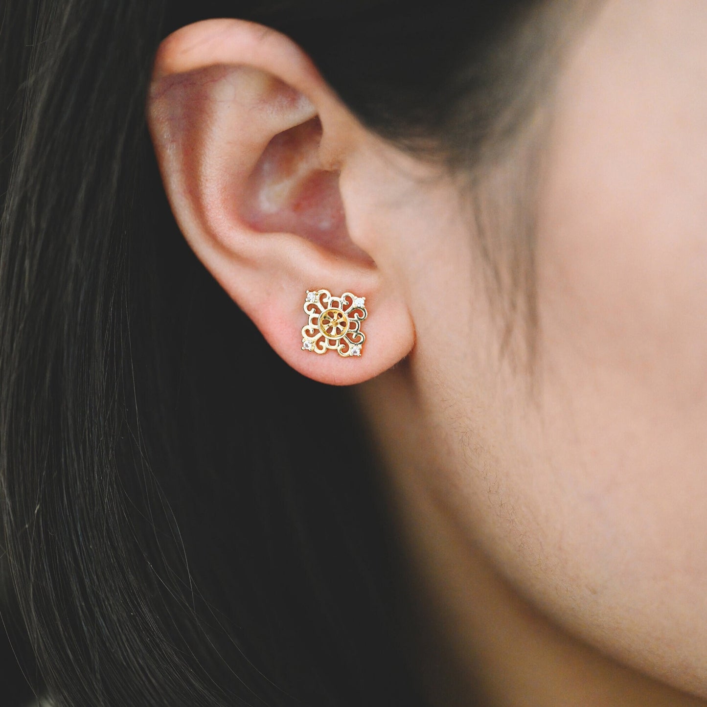 10pcs CZ Pave Filigree Flower Ear Posts 12mm, Pearl Peg Earring Mounts, Half Drilled Pearl Earring Settings (#GB-1541)