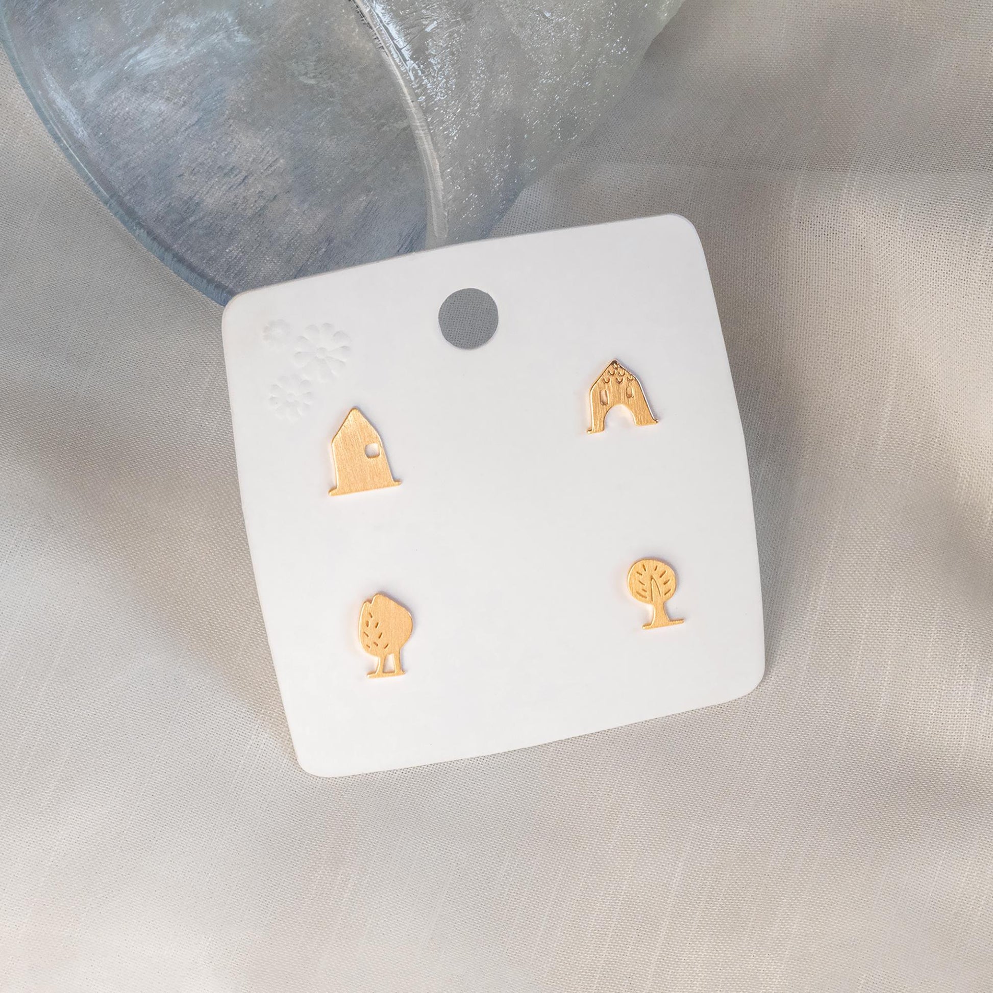 10pcs Gold House/ Tree Stud Earrings: 18K Gold Plated Brass (GB-4549)