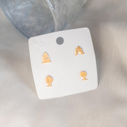 10pcs Gold House/ Tree Stud Earrings: 18K Gold Plated Brass (GB-4549)