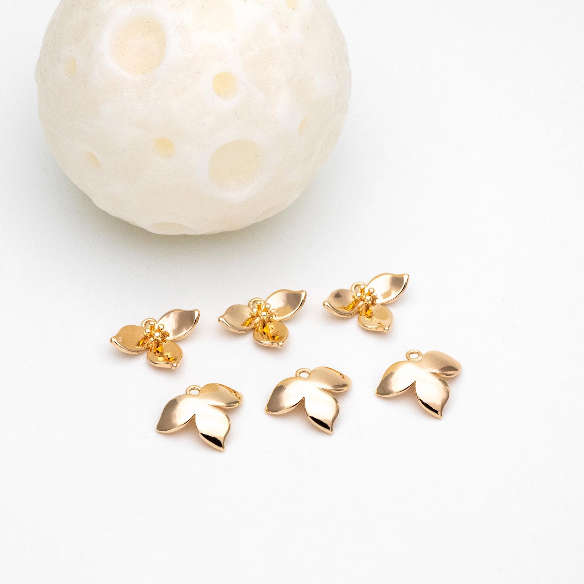 4pcs Gold Flower Charms 13x17mm, 18K Real Gold plated Brass, Floral Earring Pendants (GB-978-D)