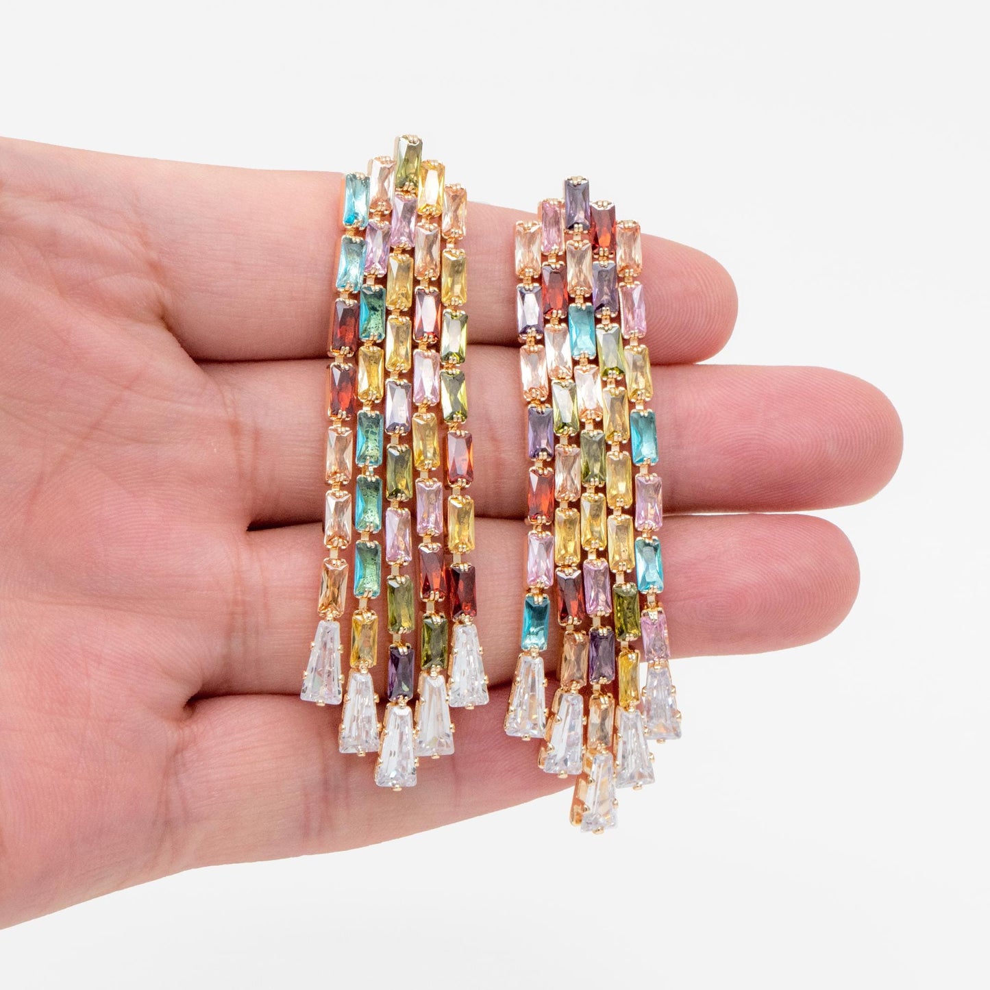 4pcs CZ Pave Chain Tassel Earrings, Long Tassel Stud Earring, Gold Dangling Earrings, Random Rainbow Mix Color (GB-4604)