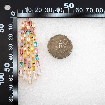 4pcs CZ Pave Chain Tassel Earrings, Long Tassel Stud Earring, Gold Dangling Earrings, Random Rainbow Mix Color (GB-4604)