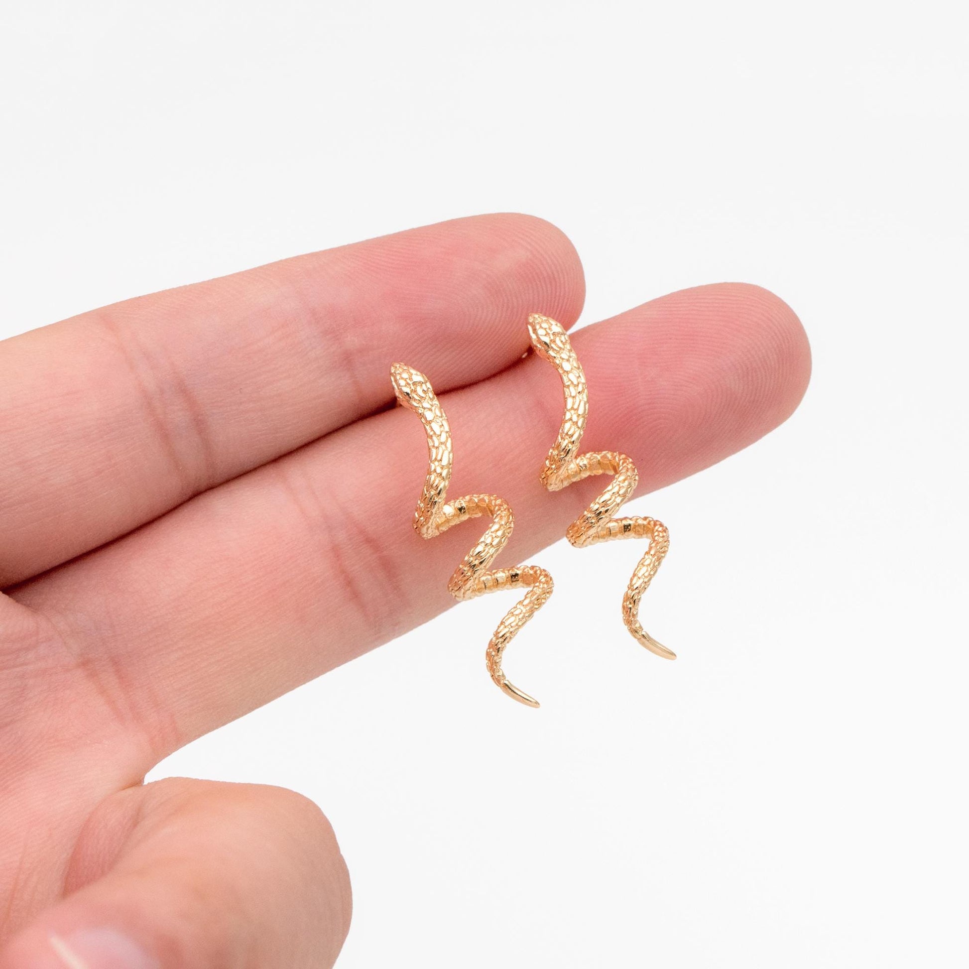 4pcs Gold Snake Earrings 32x9mm, Gold Plated Brass, Minimalist Snake Stud Earrings (GB-4607)