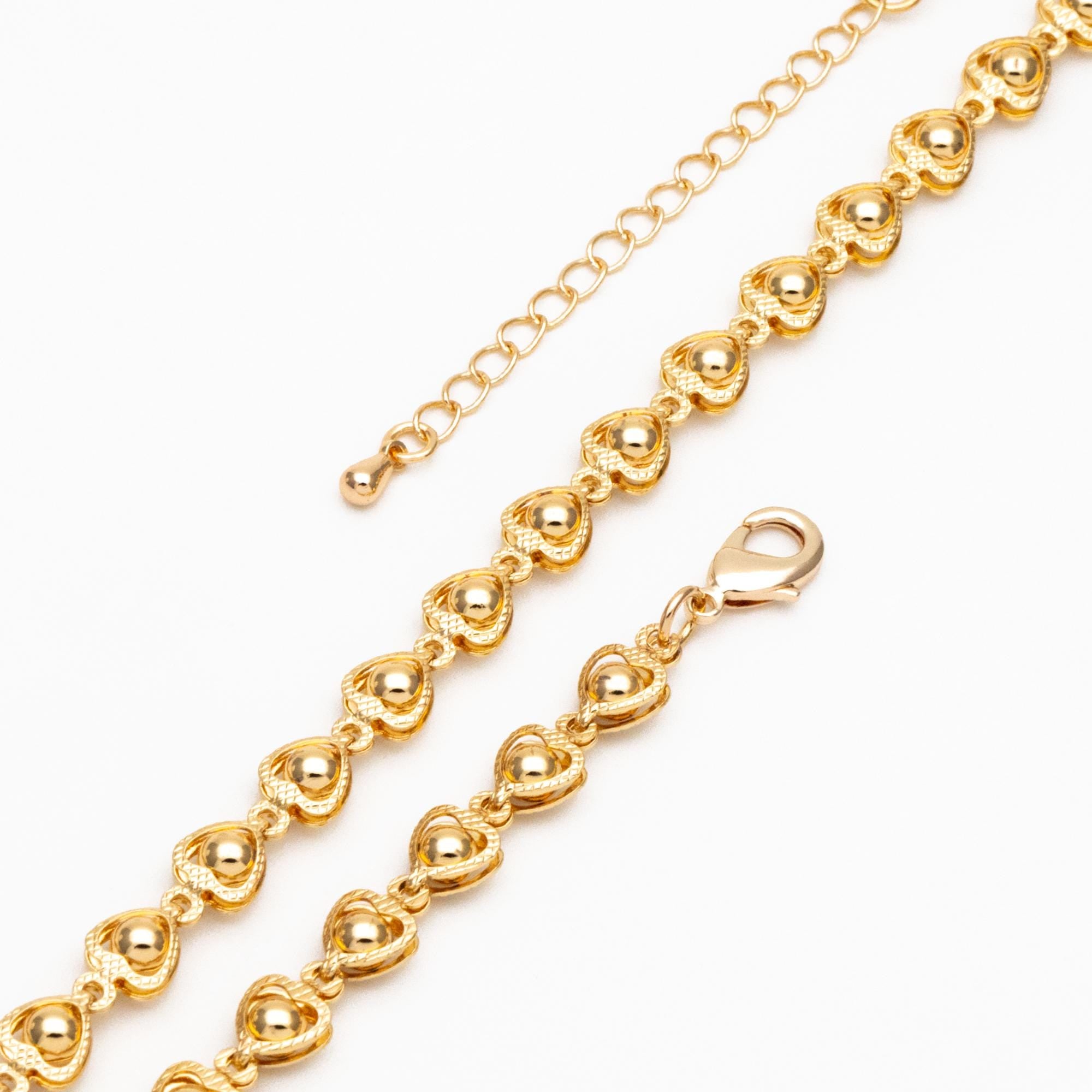 Gold Beaded Heart Chain 6mm, 18K Gold plated Brass, Finished Bracelet/ Anklet/ Necklace with Extender Chain, Ready to Wear (#LK-330)