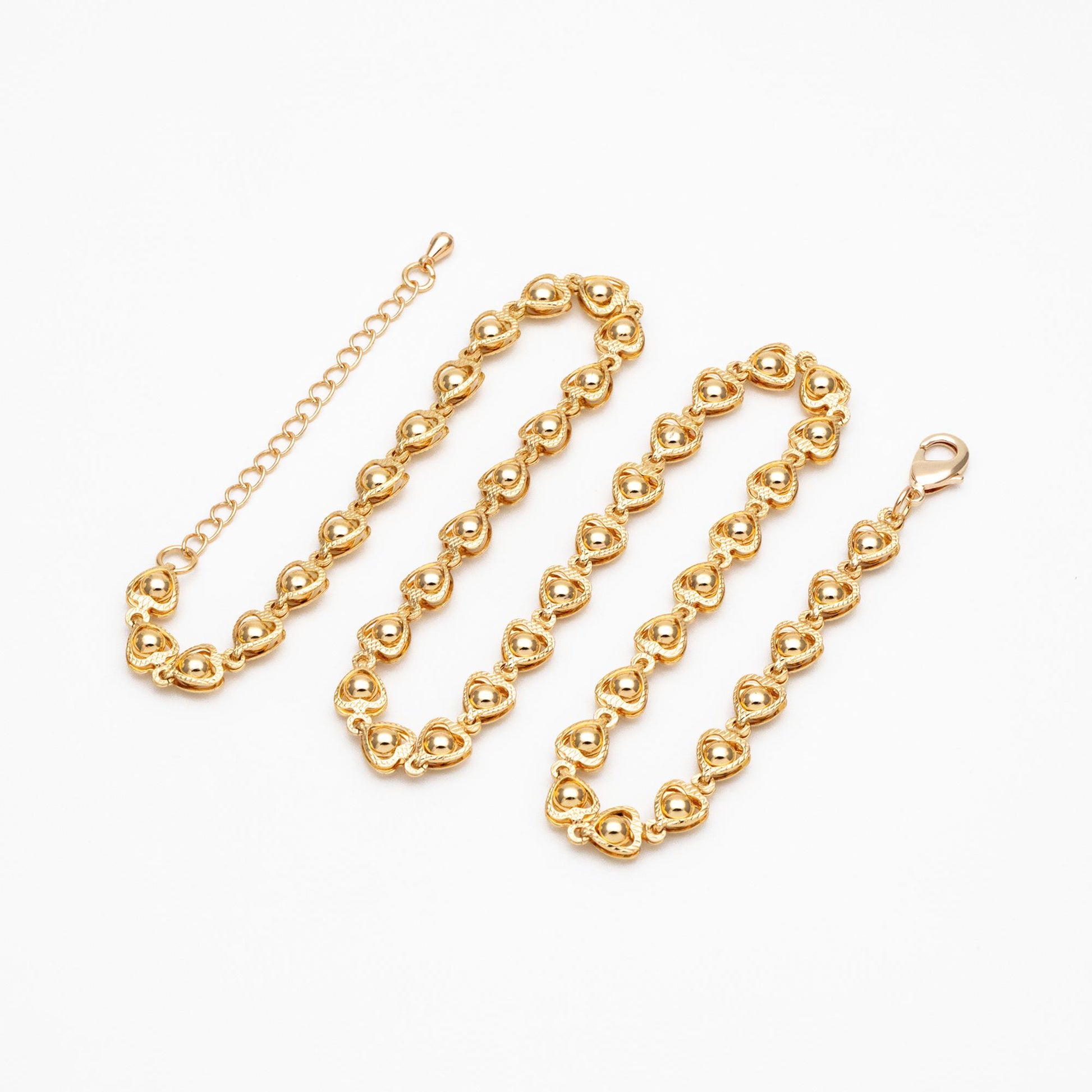 Gold Beaded Heart Chain 6mm, 18K Gold plated Brass, Finished Bracelet/ Anklet/ Necklace with Extender Chain, Ready to Wear (#LK-330)