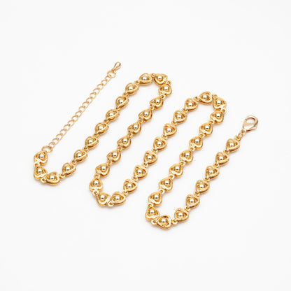 Gold Beaded Heart Chain 6mm, 18K Gold plated Brass, Finished Bracelet/ Anklet/ Necklace with Extender Chain, Ready to Wear (#LK-330)