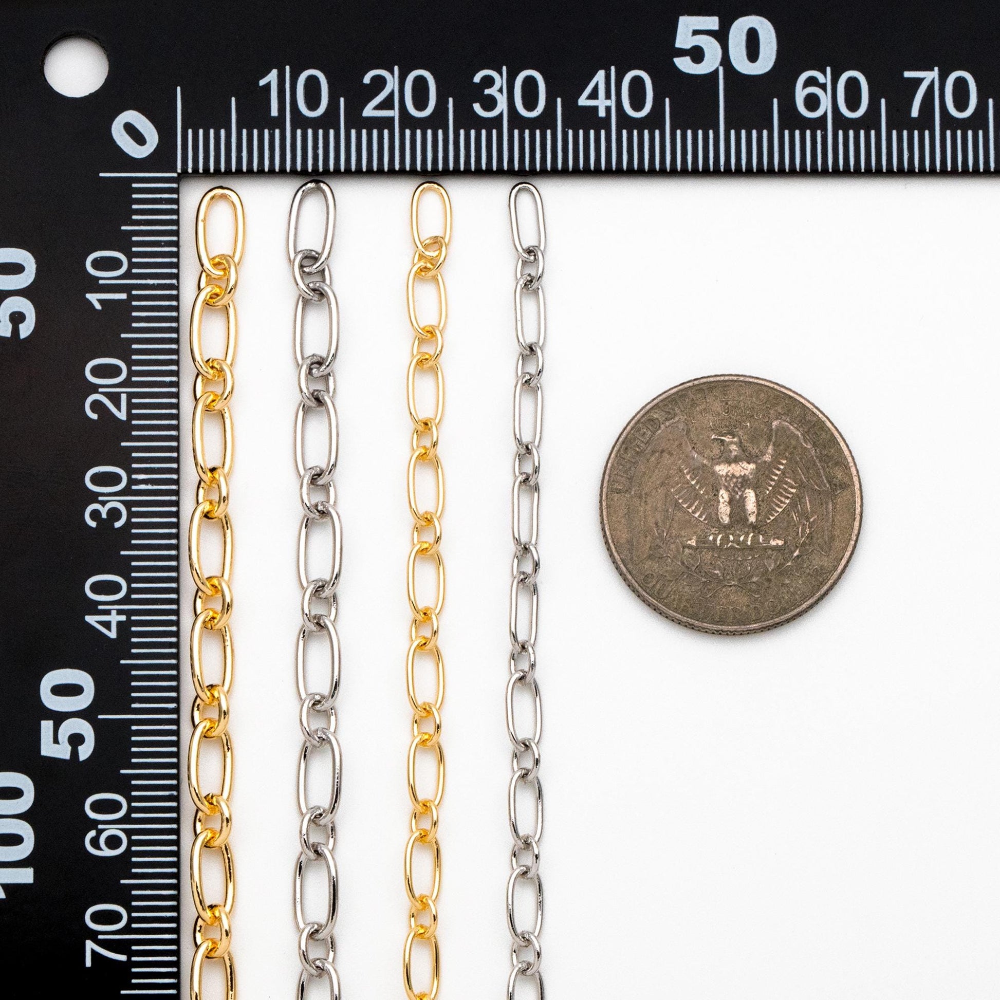 Gold/ Rhodium plated Brass Oval Cable Chains 4/ 4.7mm, Figaro Chain Supplies Wholesale (#LK-329)/ 1 Meter=3.3 ft