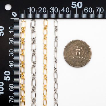Gold/ Rhodium plated Brass Oval Cable Chains 4/ 4.7mm, Figaro Chain Supplies Wholesale (#LK-329)/ 1 Meter=3.3 ft