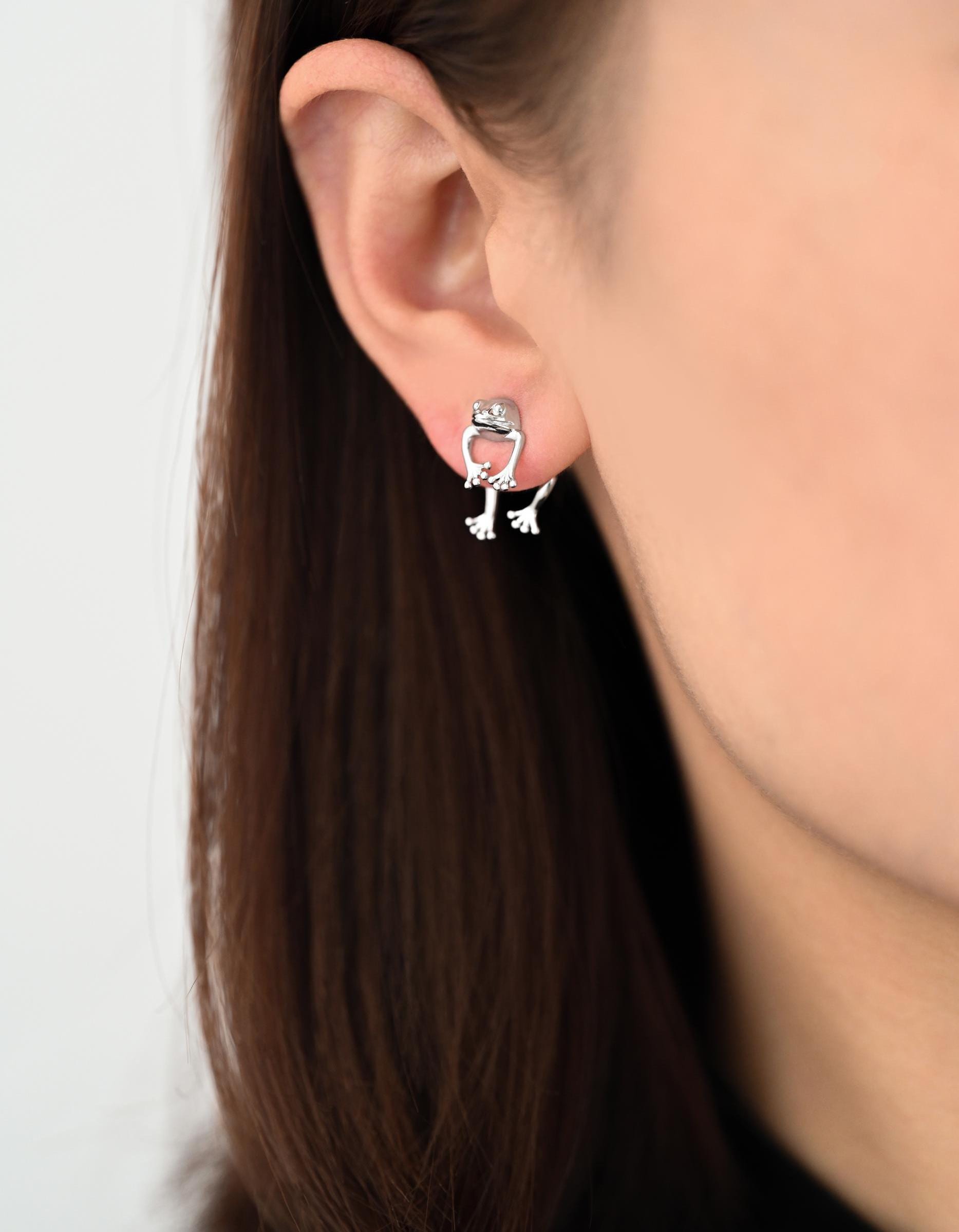 4pcs Gold/ Silver Tone Frog Front Back Earrings, Gold/ Rhodium Plated Brass, Animal Ear Jacket (GB-4533)